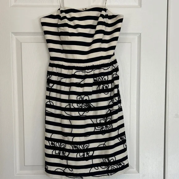 Lilly Pulitzer Black and White Payton Strapless Stripe Dress with Floral Overlay - Picture 3 of 14